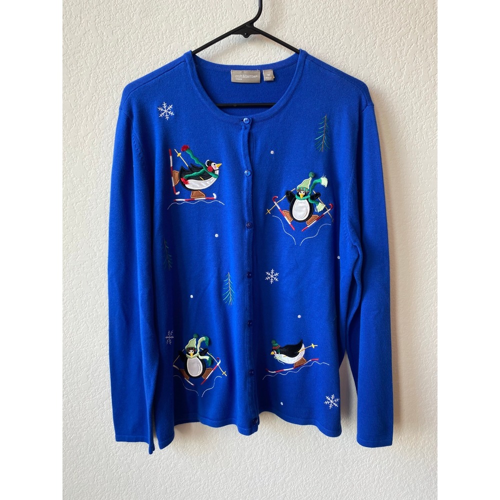 Croft & Barrow Womens Skiing Penguin KITSCHY Cardigan Sweater 1X Blue Festive